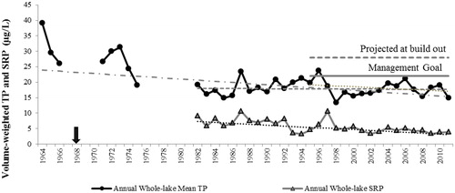 Figure 4. Mean annual whole-lake volume-weighted TP and SRP. TP data compared with lake management goal of 22 µg/L and projected full build-out (Perkins et al. Citation1997). Arrow indicates wastewater diversion in 1968. Note: Data for 1964–1966 from METRO (Isaac et al. Citation1966); 1970–1975 from University of Washington (UW) Department of Civil Engineering (Welch Citation1977, Welch et al. Citation1980); 1982–2011 from King County (Welch and Bouchard Citation2014). Summer data only in 1981 so not included in annual means. Significant declining TP 1964–2011 (P < 0.01) and SRP 1982–2011 (P < 0.01). No significant trends in TP 1982–2011 or 1995–2011 (P > 0.10).