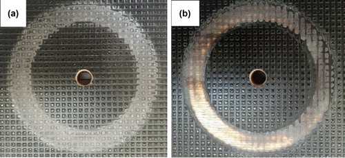 Figure 13. Wear of phenolic coated Finnish birch plywood after testing on rotary abrasion machine for (a) 1000 revolutions as the tops of the non-slip phenolic coating are worn off and (b) 7000 revolutions as the birch plywood becomes exposed.