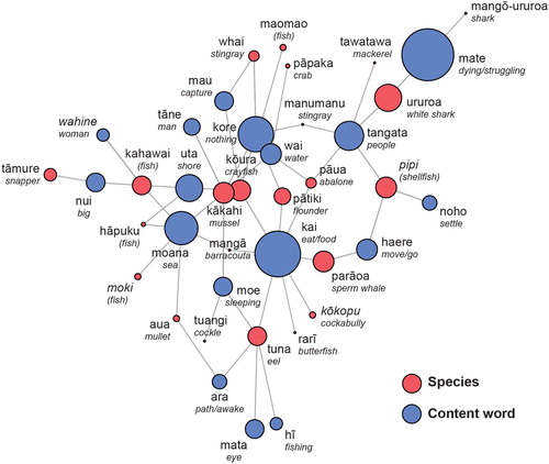 Figure 3. Network of whakataukī that mention marine and freshwater resources (red) and their association with high-frequency content words (blue). Circle size indicates how common each word is in the whakataukī data set.