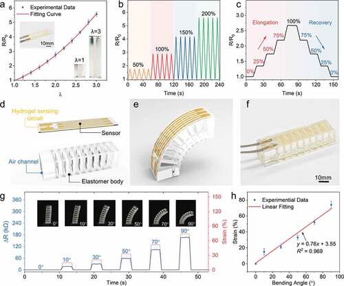 Figure 5. Hydrogel-elastomer-based stretchable strain sensor. (a) Relation between stretch and current-initial resistance ratio. (b) Dynamic cyclic tests with different amplitude of tensile strains. (c) One cycle of strain sensing performance characterization from 0% to 25%, 50%, 75%, and 100%, and then back to 0%. (d) Illustration demonstrating the idea of attaching the hydrogel sensing circuit to the 3D printed PSA. (e) Illustration demonstrating that the sensor is stretched when the actuator bends. (f) Snapshot of the fabricated SPA with the strain sensor attached on the back. (g) Characterization of the strain sensor on the SPA. (h) Relation between bending angle and measured strain on the sensor