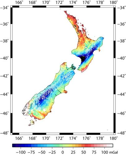 Figure 1. Terrestrial topography corrected gravity anomalies (mGal) over New Zealand’s North, South and Stewart islands. The point wise measurements shown as dots coloured by value.
