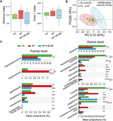 Figure 3 CBLEB treatment alleviates SP infection-induced dysbiosis of the gut microbiota. (A) Box plot of flora diversity and species richness estimated based on the Shannon indexes and Chao1 indexes. (B) Two-dimensional PCoA plot based on the unweighted UniFrac matrix confirmed by ANOSIM. (C) Alterations in the relative abundance of bacterial taxa in the SP, SP+CBLEB, and HC groups at the family and genus levels. *P < 0.05; **P < 0.01; ***P < 0.001.