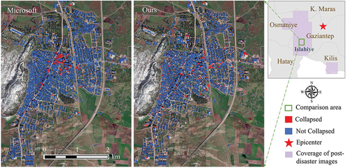 Figure 15. Comparison of identification results of collapsed buildings in downtown islahiye. Microsoft’s results (left), our results (right). The basemap is post-disaster WorldView-3 imagery.