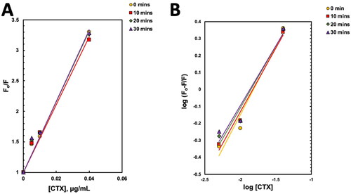 Figure 8. Fluorescence data analysis of interaction between tumor necrosis factor receptor 1 (TNFR1) and cytotoxin (CTX). (A) Stern–Volmer plot of TNFR1–CTX interactions; (B) Double logarithmic plot of TNFR1-CTX interactions, obtained from fluorescence quenching analysis at four different time points.