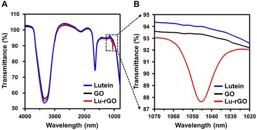 Figure 3 FT-IR spectra of GO and the Lu–rGO complex. (A) The peaks for lutein (blue line), GO (black line), and the Lu–rGO complex (red line) recorded by an FT-IR spectrophotometer using the ATR method in the range of 4000–400 cm−1. (B) The enlarged peak of the Lu–rGO complex at 1045 nm.