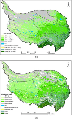 Figure 5. The alpine land-cover map classified in this study (a) and the modified ACAS vegetation map in 2001 (b).