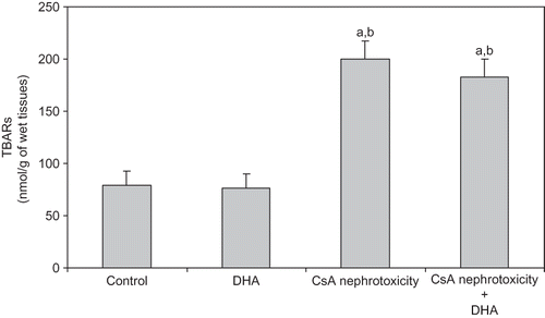 Figure 1. Effect of DHA on the level of TBARs (index of lipid peroxidation) in the kidney of control, DHA, and CsA nephrotoxicity groups. Data are presented as mean ± SD, n = 12. Multiple comparisons were achieved using one-way ANOVA followed by Tukey–Kramer as post-ANOVA test.Note: a and b indicate significant change from control, DHA, and CsA nephrotoxicity groups, respectively, at p < 0.05.