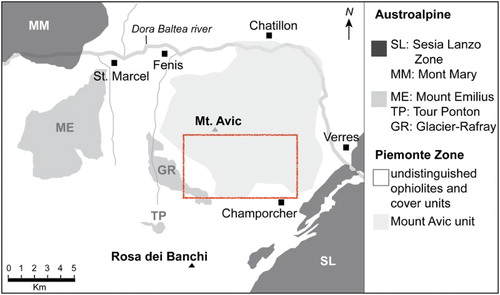 Figure 2. Tectonic map of the southern Aosta valley (modified after CitationNervo & Polino, 1976) with the location of the Mount Avic massif and of the Main Map (red square).