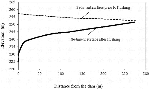 Figure 9. The longitudinal bed profile of the reservoir centerline after flushing in 2003. Adapted from Emamgholizadeh and Samadi (Citation2008).