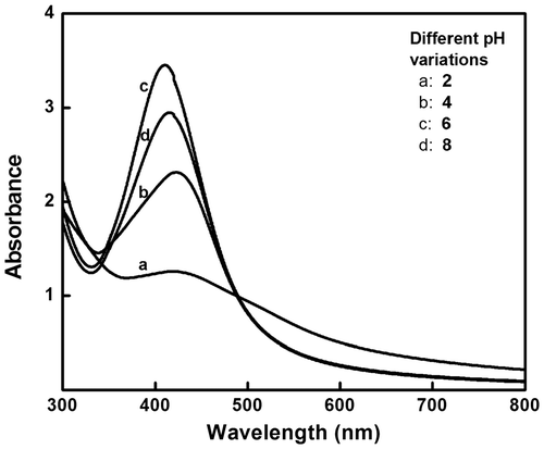 Figure 3. SPR variations of synthesised silver nanoparticles adjusted to different pH exhibiting blue shift.