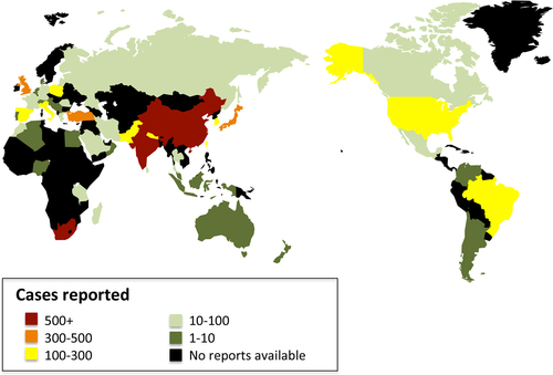 Fig. 3 Geographical distribution of HNTB patients from the literature review