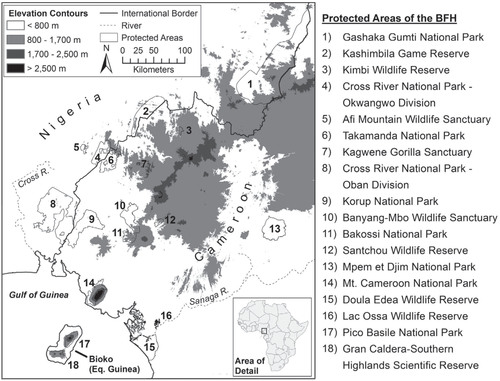 FIGURE 1. Protected areas in the Biafran forests and highlands (BFH). Topography information from the Shuttle-Radar Topography Mission (SRTM; available from U.S. Geological Survey). Protected area boundaries from IUCN and UNEP (Citation2010).