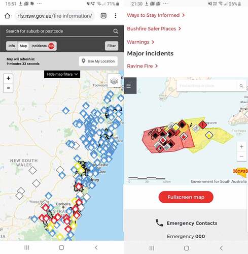 Figure 1. Phone screenshots of fire warning situations on 3 January 2020 in (a) NSW with fires surrounding many population centres and (b) Kangaroo Island in South Australia. Red alerts are Emergency Warnings (too late to leave, seek shelter) and Yellow (watch and wait, enact fire safety plan and/or evacuate if it is safe to do so).