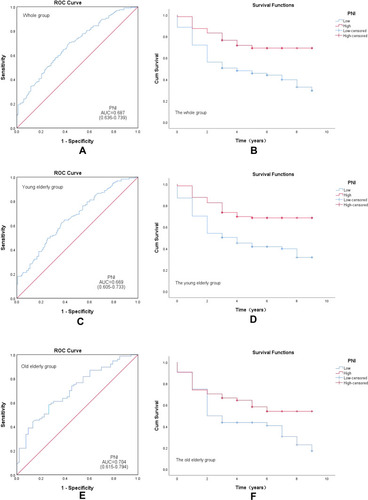 Figure 3 Survival analysis based on PNI level. ROC curves for postoperative survival and Kaplan–Meier curves of postoperative survival based on PNI levels. (A and B) represent the whole group. (C and D) represent the young elderly subgroup (60 years ≥ age >74 years). (E and F) represent the old elderly subgroup (age ≥75 years).