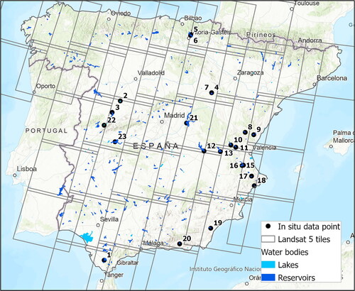 Figure 6. Location of in situ data point coincident with landsat water surface temperature time series in a three-day window. The in situ identifier corresponds to Table 2.