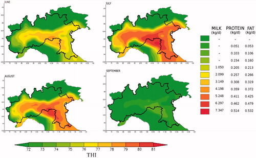 Figure 5. THI-related risk of milk, protein and fat yield loss (kg/d) in the production area of Grana Padano (marked) during the period 2001–2010 in the months of June, July, August and September. The colours from green to red indicate increasing values of THI (from 72 to 81) to which correspond different degree of production loss: null (green) and maximum (red).THI: temperature-humidity index.