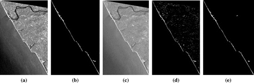 Figure 2. Illustration of results with Cartosat-1, PAN (Tile-532-338) imagery. (a) Original image, (b) Ground truth, (c) MM processed image (intermediate stage), (d) Classification outcome, (e) Proposed MM algorithm outcome.