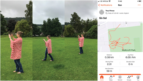 Figure 5. Me playing Sin Sol in the park by my house on a cloudy day, Summer 2021. Photos ©Haynes Collins. Screenshot on iPhone from Strava. ©Thea Pitman.