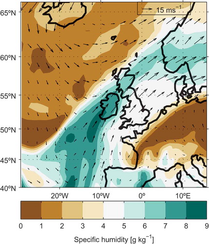 Fig. 4. Specific humidity (g kg) at 850 hPa at 00 UTC on 28 October (coloured contours) and the 850 hPa wind (arrows). Data from the ERA-Interim reanalysis.