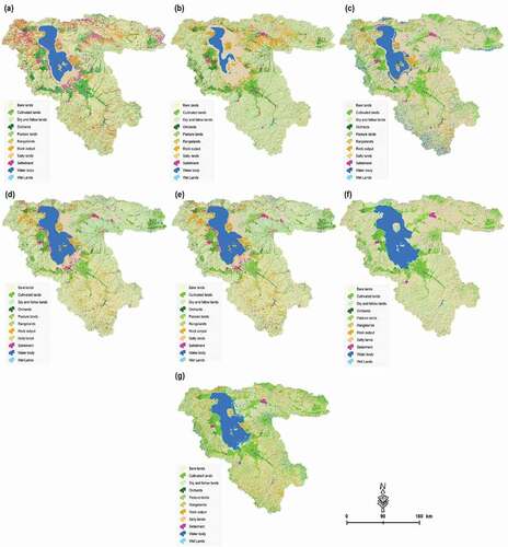 Figure 5. Results of the LULC classification based on the SVM, a) 2020, b) 2015, c) 2010, d) 2005, e) 2000, f) 1995 and g) 1990