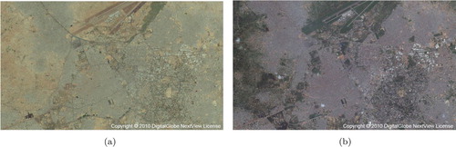 Figure 2. Example of seasonal differences for Kano, Nigeria imagery. (a) Kano 01/27/2014 (Dry Season) and (b) Kano 08/29/2014 (Wet Season).