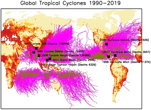 Fig. 1 Global map of population density in 2015 (red shading over land) and tracks of all tropical cyclones from 1990 to 2019 (magenta lines). Green dots on tracks are locations of rapid intensification events. Black boxes highlight some of the deadliest tropical cyclones in 1990–2019.
