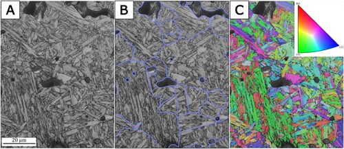 Figure 5. EBSD of an NT/NF cross-section after case hardening. (a) Band contrast image, (b) band contrast image with prior austenite grain boundaries, pores, and intergranular pores enhanced and (c) inverse pole figure. Indexing is based on FCC, BCC, and Fe3C.