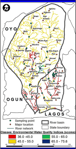 Figure 5. Spatial characteristics of environmental water quality in Ogun and Ona Basins.