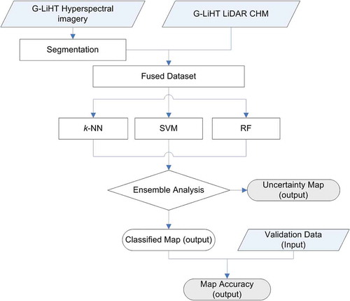 Figure 2. The framework to combine G-LiHT hyperspectral and LiDAR-CHM products for mapping urban land-cover types.