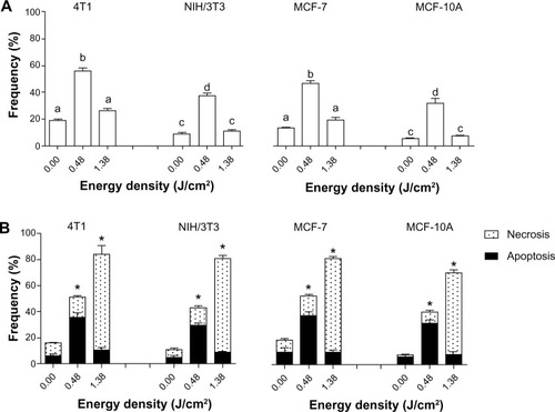 Figure 10 DNA fragmentation and cell death assessed after exposure of cells to LC at 10% (LC10) of AlPc-NPs for 15 minutes followed by the application of light (laser, λ 670 nm) at different energy densities in vitro.Notes: (A) DNA fragmentation and (B) cell death. The values of LC50 for 4T1, NIH/3T3, MCF-7, and MCF-10A were 0.31 μM AlPc, 0.63 μM AlPc, 0.46 μM AlPc, and 1.80 μM AlPc, respectively. (A) The difference between pairs of means in the same graph identified with different letters are statistically significant (P<0.05). (B) *Groups presenting with a statistically significant difference between the means for apoptosis and necrosis; no statistically significant differences were observed between the results of different cell lineages of the same origin.Abbreviations: NPs, nanoparticles; LC, lethal concentrations; AlPc, aluminum–phthalocyanine chloride.