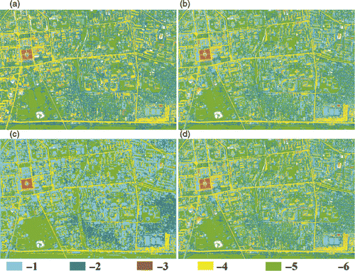 Figure 3. Comparison of the standard classification results for the selected classes: (1) built-up area; (2) ger area; (3) central squire; (4) roads; (5) open area; (6) snow-ice. Note: Classified images (a) using QuickBird bands, (b) using QuickBird and TerraSAR bands, (c) using multiple bands and (d) using the PCs.