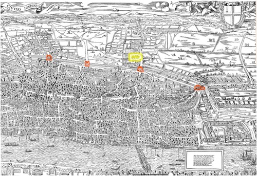 Figure 2. A section of the Agas Map showing the location of Bethlehem Hospital (Bedlam). Bedlam is marked by the larger circle in the centre while the four smaller circles mark the nearest city gates: Cripplegate, Moorgate, Bishopsgate and Aldgate (from left to right). The map was produced using the MoEML drawing tools and this edition of the Agas Map was used with kind permission of Janelle Jenstad and the Map of Early Modern London.Footnote82