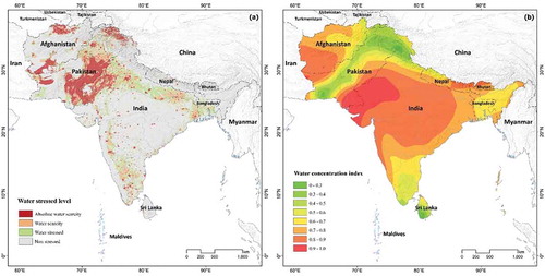 Figure 12. (a) Water resource stress map and (b) concentration index map of the South Asia.