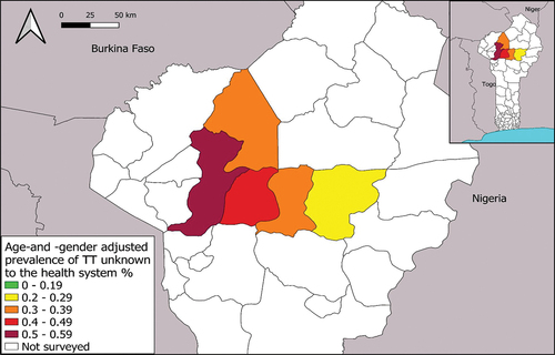 Figure 2. Age- and gender-adjusted prevalence of trachomatous trichiasis (TT) unknown to the health system in five surveyed evaluation units, Benin, March 2020. The boundaries and names shown and the designations used on this map do not imply the expression of any opinion whatsoever on the part of the authors, or the institutions with which they are affiliated, concerning the legal status of any country, territory, city or area or of its authorities, or concerning the delimitation of its frontiers or boundaries.