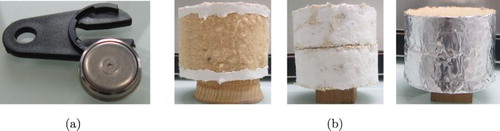 Figure 3. Sensors of relative humidity and temperature (a) and wood fibre samples (b) with white acrylic seal and with aluminium tape.