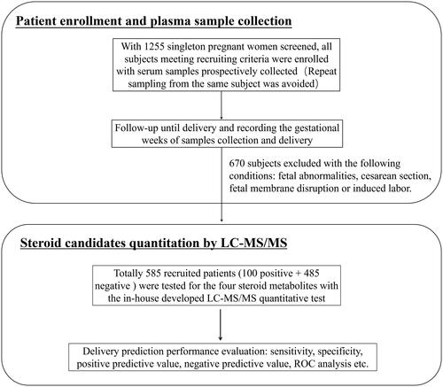 Figure 1. The schematic diagram for patient enrolment and delivery prediction by quantitative analysis of four steroid metabolites with an LC-MS/MS assay.
