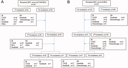 Figure 4. Recurrences after the treatments for recurrent HCC patients with MVI-positive primary tumor, and treatment modalities for subsequent recurrences in patients with solitary small recurrent hepatocellular carcinoma. (A) for patients who underwent adjuvant TACE and RFA; (B) for patients who underwent RFA alone. HCC: hepatocellular carcinoma; TACE: transarterial chemoembolization; RFA: radiofrequency ablation; ER: extrahepatic recurrence, IR: intrahepatic recurrence.