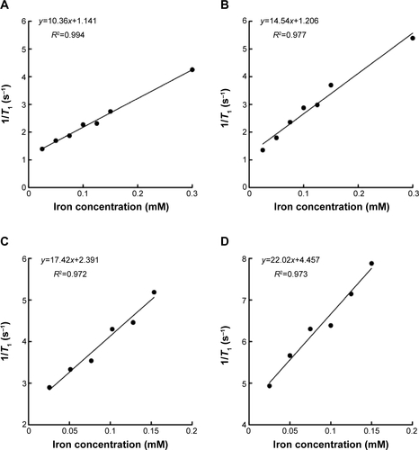 Figure S4 Analysis of longitudinal relaxivity of M-HFn nanoparticles by linear mapping iron concentration and 1/T1.Notes: Longitudinal relaxivity (r1) analysis of (A) M-HFn1000, (B) M-HFn3000, (C) M-HFn5000, and (D) M-HFn7000. Slope of line represents r1.Abbreviations: M-HFn, ferrimagnetic H-ferritin; T1, longitudinal relaxation times.