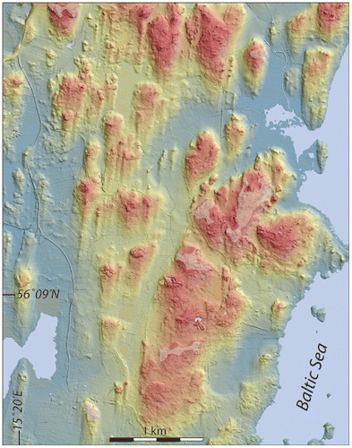 Figure 13. Hill shaded DSM of drumlins on the Gö peninsula, south-central Blekinge; drumlins are all of the rock-cored type. Colour coding is from ~30 (reddish) to 0 (Baltic Sea) m a.s.l. LiDAR data provided by Lantmäteriverket, Sweden; ©Lantmäteriverket i212/927.