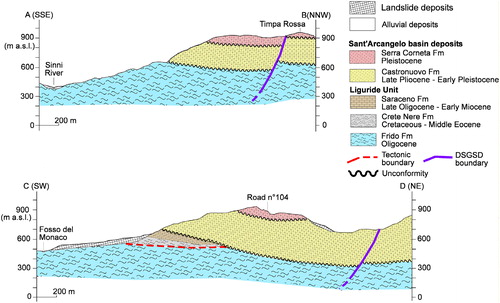 Figure 3. Geological cross-sections of the study area. Geological profile traces are reported on Figure 2.