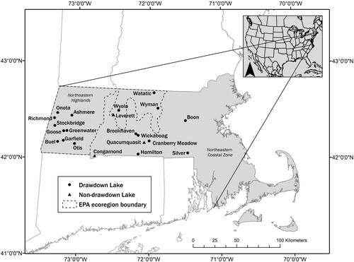Figure 1. Map of study lake locations within the state of Massachusetts. Circles represent lakes with annual winter drawdown water level regimes (WD) and triangles represent lakes with no history of WDs. USEPA boundaries are level III ecoregions.