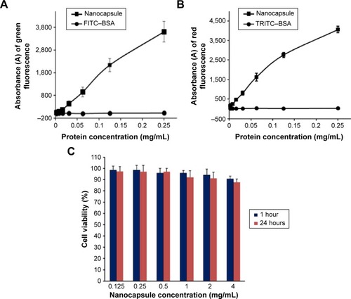 Figure 3 Fluorescence intensities and cytotoxicity of nanocapsules in Hela cells.Notes: Fluorescence intensities of green (A) and red (B) of cells increased along with the increment of nanocapsule concentrations. FITC–BSA and TRITC–BSA were used as controls, respectively. (C) Cytotoxicity of the nanocapsules with different concentrations by AlamarBlue cell viability assay. The data were expressed as mean ± SEM (n%4).Abbreviations: FITC–BSA, fluorescein isothiocyanate–bovine serum albumin; TRITC–BSA, tetramethylrhodamine–bovine serum albumin; SEM, standard error of mean.