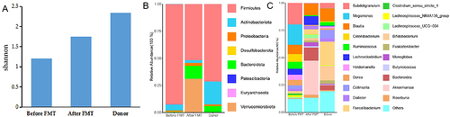 Figure 4 Shannon index (A); relative species abundance at phylum level (B) and genus level (C).