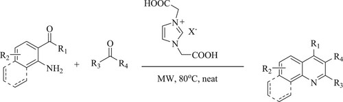 Scheme 18. Solvent-free synthesis of quinoline derivatives using a heterogeneous catalyst.