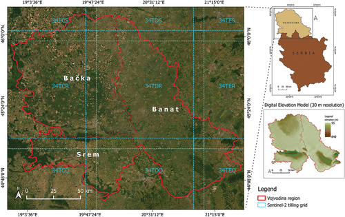 Figure 1. Study area of Vojvodina region with Sentinel-2 footprint and digital elevation model at 30 m pixel resolution.