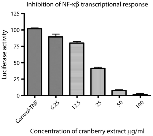 Figure 4.  Cranberry extract (CRME) inhibits NF-κB-dependent transcriptional activities. CRME extract inhibited TNF-induced NF-κB activation in stably transfected human T lymphocytes 5.1 cells as assessed by a reporter gene assay. The luciferase activity was measured after 6 h and expressed as TNF induction = 100%. Values are means of ± SD of three independent experiments in triplicate.