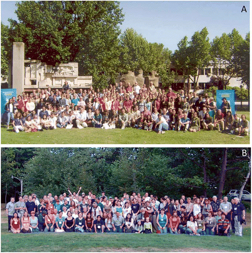 Figure 4. A, Participants at the Eighth International Conference, Madrid, Spain, July 2004; B, Participants at the Ninth International Polychaete Conference, Portland, Maine, August 2007.