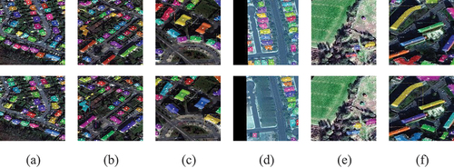 Figure 6. Building detection results for sites (a) A, (b) B, (c) C, (d) D, (e) E, and (f) F. The top and bottom images were obtained from periods T1 and T2, respectively.
