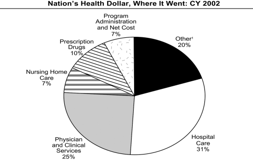 Figure 2 Illustration of the approximate cost of each segment in the health field expressed as a percentage of the nation’s health dollar (CitationHealth Care Financing Administration 2004). 1Includes dental services, other professional services, home health, durable medical products, over-the-counter medicines and sundries, public health, research and construction.