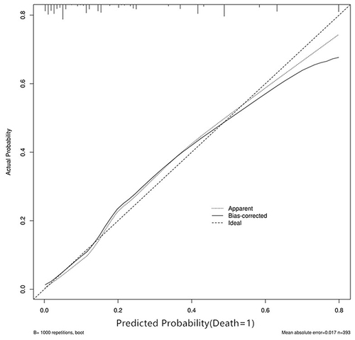 Figure 3 Consistency between the predicted mortality and actual observed results in COVID-19 patients was validated by the calibration curve.